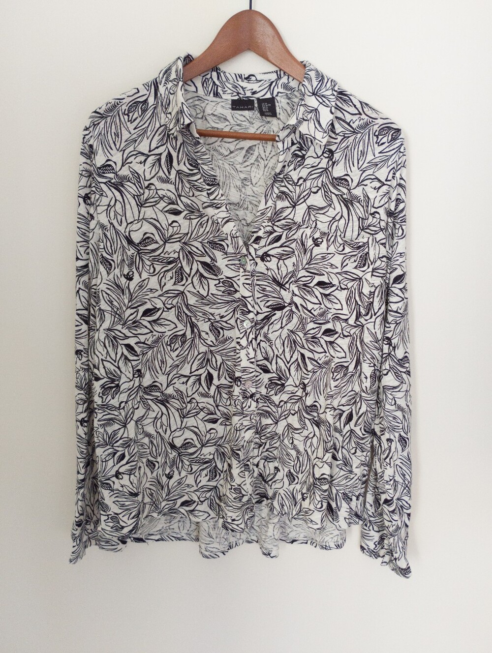 TAHARI Linen Blend Palm Leaf Print Long Sleeve Button Down Shirt Black White XL